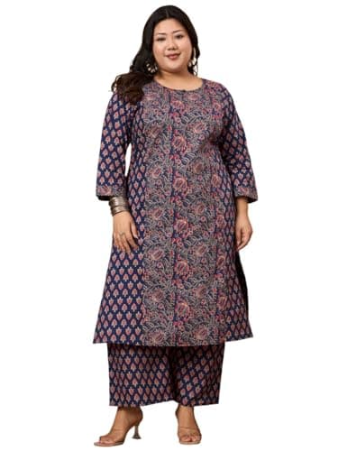 Tissu Plus Size Women's Dark Blue Floral Printed Kurta Palazzo Set (Plus-806_Dark Blue_7XL)