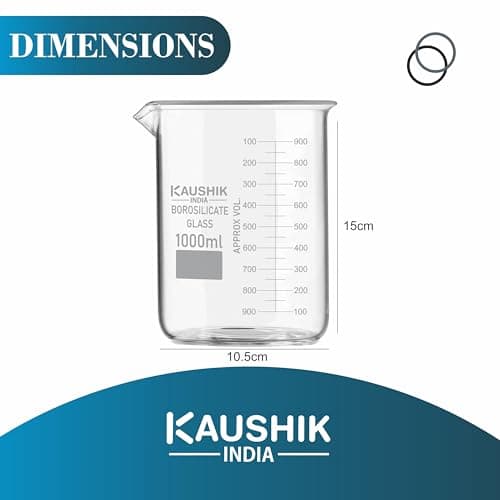 KAUSHIK INDIA Borosilicate Glass 3.3 Measuring Beaker 1000ml Pack of 1 with Printed Graduation Scientific Glassware for Laboratories, Classrooms Educations or Home Use 3