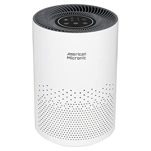 AMERICAN MICRONIC® Portable Air Purifier with HEPA & Activated Carbon Filter | 275 m³/hr CADR | Removes 99.97% Pollutants, Allergens, Smoke & Odours | Timer & LED Display | Ivory & Grey