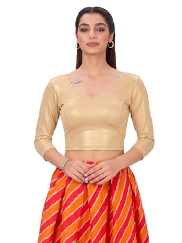 Plus Size Round Neck Stretchable Shimmer Blouse Gold 3/4th Sleeve