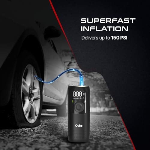 Qubo Smart Tyre Inflator PRO from Hero Group | Turbo Motor with Super Fast Inflation |150 PSI |Car 12V Port Input |Digital Display |5 Air Fill Modes |LED Light |Multiple Nozzles |Auto Cut-Off | Black 3
