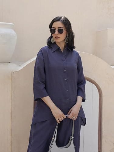 TITTLI Rayon Fabric Collared Three-Quarter Sleeves Shirt & Trouser Co-Ord Set for Women | Elastic Waist Bottom | Casual Wear Relaxed Fit Outfit | Sizes - M, L, XL, XXL, 3XL Purple 2