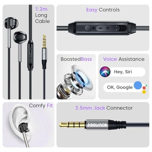 Sounce BassPulse In Ear 3.5mm Wired Headset with HD Mic In-Line Controls 14.2mm Drivers Unique Earbud Design TPE Tangle-Free Cable Wide Compatibility Sweatproof Durable Premium Wired Earphones (Black) 3