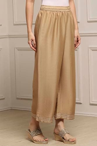 Biba Women Gold Polyester Straight Dyed Palazzo Pants_S 5