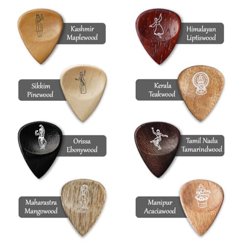 Kadence Heritage Wooden Guitar Picks – Set of 8 Handmade Picks with Indian State Woods & Art – Includes Maplewood, Teakwood, Ebonywood – For Acoustic & Electric Guitars 3