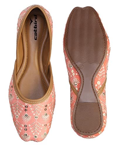 CatBird Women's Pastel Red Sequin Emboidery Punjabi Juttis 8 UK 5