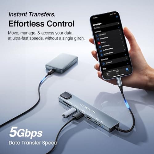 HAMMER 8-in-1 USB-C Hub | 100W PD Charging, 5Gbps Data Transfer, HDMI 4K, (RJ45) Ethernet Port, SD/TF Card Reader, USB 3.0 & 2.0 | Multiport Adapter for Laptop, MacBook, & Smartphones (Grey) 4