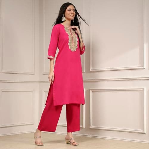 Biba Women Fuchsia Cotton Straight Solid Kurta_34 4