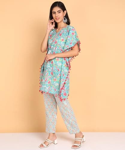 BLOCKS OF INDIA Coords Set in Pure Cotton Kaftan Style Hand Block Print Co Ord Set for Women (X-Large, Turquoise) 2