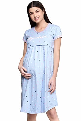 beebelle Women's Sky Blue Heart Print Maternity & Feeding Sleep Shirt Nightdress 1061
