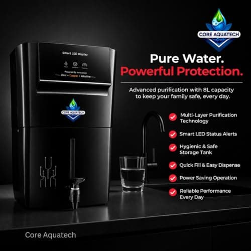 Core Aquatech Aroma RO Water Purifier | RO+UV+UF+Copper+TDS Control | LED Indicator | 12 Liters | 20LPH Flow | Ideal for Borewell, Tanker, Municipal Water .Black 2