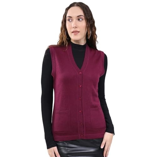 Monte Carlo Women's Regular Fit Cardigan | Solid Pattern | Button Closure with Sleeveless V Neck | Light & Layered Style Cardigan for Women Maroon M (Pack of 1)