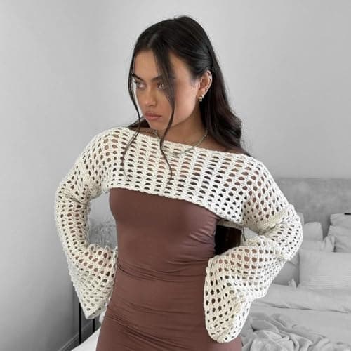 CAMNOW Womens Crochet Crop Tops Y2k Knit Shrug Sweater Hollow Out Long Sleeve Bikini See Through Cover Ups, Beige, S 4