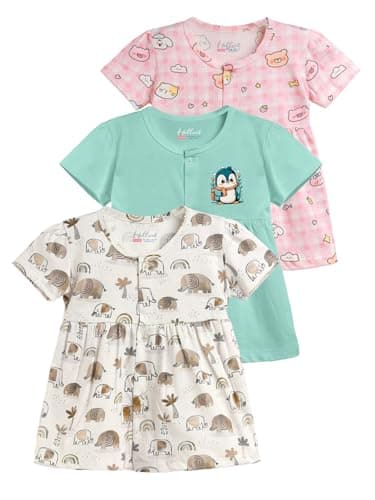 HELLCAT 100% Cotton Baby Frock Dress for Girls - Pack of 3, Soft & Trendy, Short Sleeve (0-18M)_Beige/Mint Green/Pink_6-12 Months