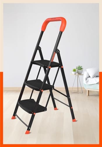 Bathla 3 Step Ascend Steel Ladder for Home Use | Large Platform (36 x 20.5 cm) | Wide Anti-Skid Steps | Safety Hand Grip | Heavy Duty Foldable | 120 kg Capacity | 2-Year Warranty | Orange & Black