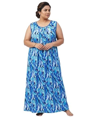 Manvicare Sleeveless Nighties for Women, Blue Lahariya Print, Rayon Fabric, Maxi Length Nightdress (Blue, 8XL)