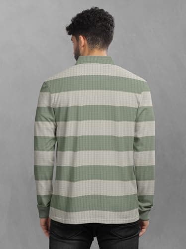 BULLMER Striped Textured Printed Polo Neck Fullsleeve T-Shirt with Rib for Men_Sea Green_Medium 3