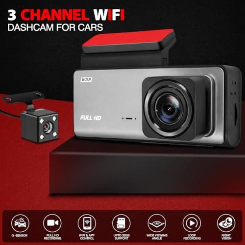 FABTEC A7 3 Channel HD WiFi Car Dash Cam 1296p Front + 1080p Rear + 1080p Inside Cabin Loop Recording Dash Camera Support Upto 32GB Memory Card & WiFi Mobile Link (Grey) 2