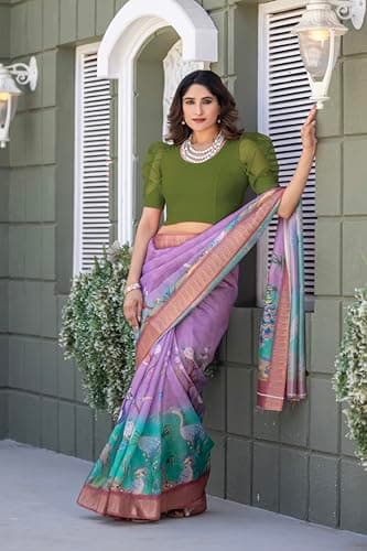 Amazon Brand - Anarva Round Neck Lycra Stretchable Puffed Elbow Sleeve Readymade Saree Blouse for Women Stylish(formi-army-green-blouse-2xl) 3