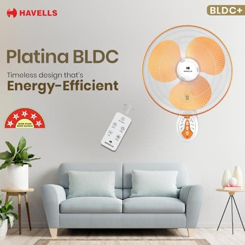 Havells Platina 400mm BLDC Wall Fan | Energy Saving | Remote Control | Smart Airflow | Stable Performance | Perfect for Modern Homes & Offices | 2-Year Warranty | (White Yellow) 2
