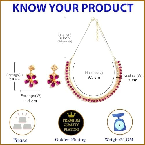 ZENEME Gold Plated American Diamond Necklace with Earrings Jewellery for Women & Girls (Pink) 5