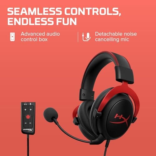 HyperX Cloud II – Wired Gaming Headset for PC, PS5 / PS4. Active Noise Cancellation, Over Ear, circumaural, Closed Back, HyperX Virtual 7.1 Surround Sound - Black-Red (4P5M0AA) 4