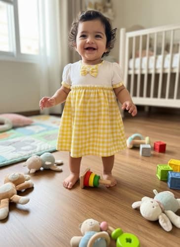 KOSHMOSH Combo of 3 Cotton Baby Girl Dress with Cute Bow I Stylish Gingham Baby Frock I Soft Mulmul-Lined Girl Outfit Yellow,Pink,Blue-9-12 Months 2