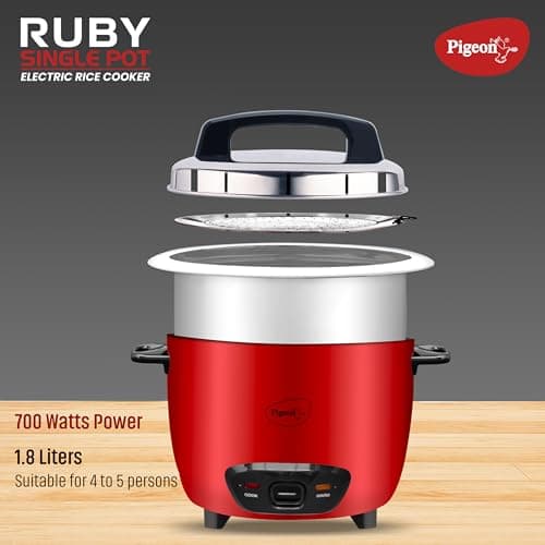Pigeon by Stovekraft Ruby Rice Cooker with Single pot, 1.8 litres.(Red) | Stainless Steel Lid | 700 Watts | 1 Aluminium Cooking Pot | Measuring Cup| Spatula | Energy Efficient Cooking 4