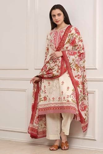 Biba Women Off-White Cotton Floral Printed Straight Suit Set_36 2