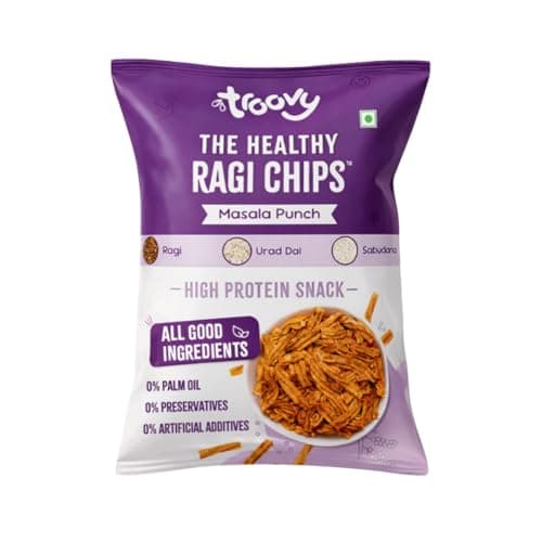 Troovy Healthy Ragi Chips | Tasty & High Protein Snacks | 30% Of Protein Needs | No Palm Oil, Cholesterol or Trans Fats | No Junk & Chemicals | Made with Ragi | Masala Flavoured | 70 grams
