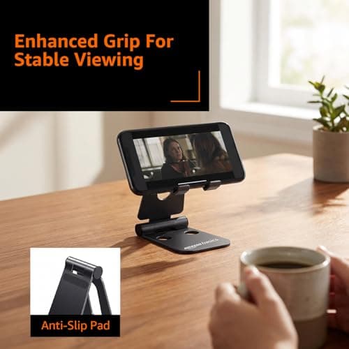 amazon basics Aluminum Adjustable Mobile Phone Foldable Tabletop Stand Dock Mount for All Smartphones, Tabs, Kindle, iPad (Black) 5