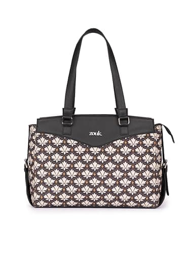 ZOUK Bidri Kaiser Motif Printed Jute Vegan Leather Black and White Women's Office Work Bag With Double Handles Strap