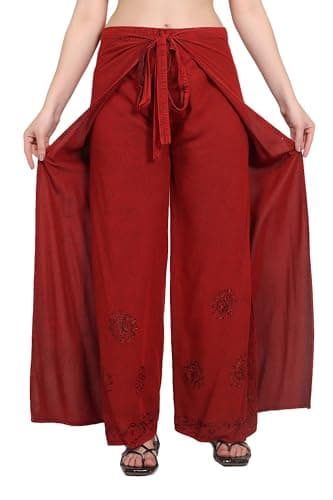 Fashion Passion India Womens Split Wide Leg Long Embroidered Rayon Wrap Mid Rise Palazzo Pant, Free Size 2