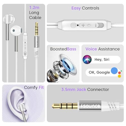 Sounce BassPulse In Ear 3.5mm Wired Headset with Deep Bass 14.2mm Dynamic Driver HD Mic In-Line Music Controls Tangle-Free Durable TPE Cable Sweatproof Lightweight Earphones for Phones Tablets (White) 2