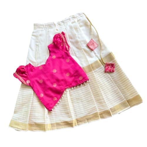 Picksparrow Pattu Pavadai Kerala Kasavu Lehenga for Girls Onam (3-4 Years)