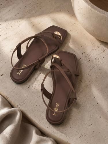 Indifeet Women Toe Ring Flat Sandals, Ankle Strap Slingbacks, Brown, UK 7 2