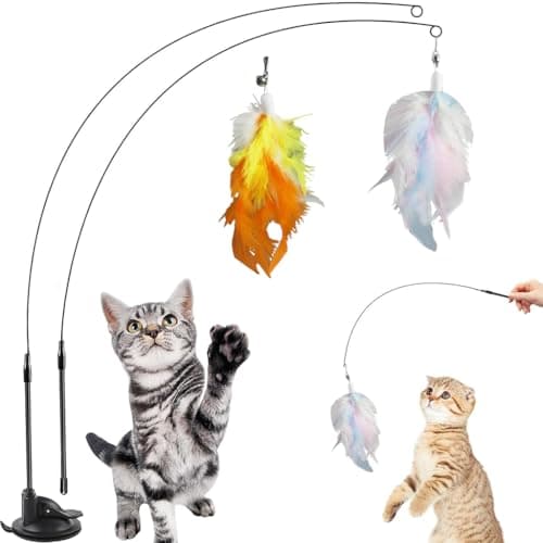 Qpets® Cat Feather Toy, Cat Feathered Teasing Wand Toy Dual-Wire Flexible Teasing Wand Suction Cup Colored Feathered Floor