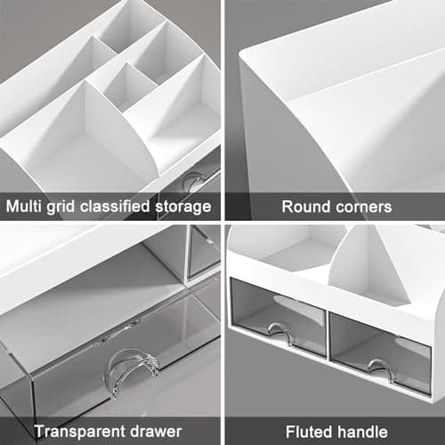 Styleys Desk Organiser with 6 Compartments & 2 Drawers | Desktop Stationery Storage Box for Pens, Staplers, Clips, Sticky Notes, Mobile Holder | Office & Study Table Organizer - W3505,White 3