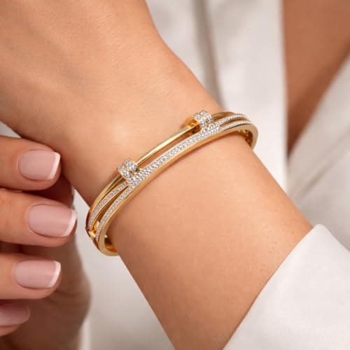 MIAMI Bracelets for Women Stylish Anti Tarnish Kada for Women Stainless Steel Crystal Bar Bracelet Gold Plated Open American diamond Bangle Stone Studded Jewellery for Women Girls Trendy Bracelet 600 2