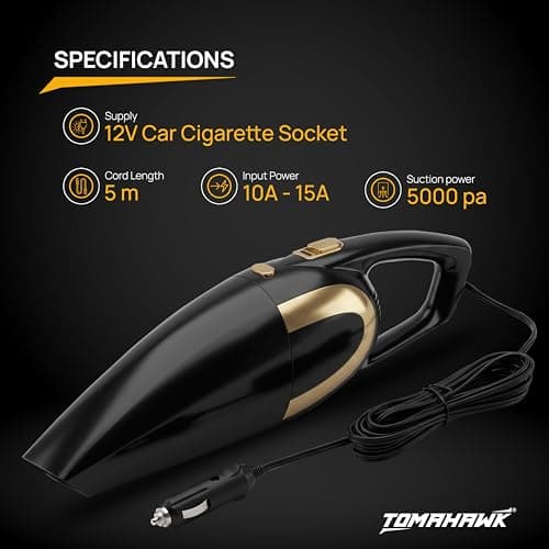 Tomahawk® Electric Car Vaccum Cleaner for Car & Wet Cleaning with Suction Power 5000pa | 4.5 Meter Power Cord Cable -12V DC Supply | 120 W Rated Power | 150ml Dust Cup Capacity (Electric) 4