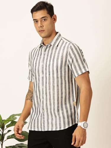 Thomas Scott Mens Half Sleeves Cotton Linen Striped Casual Shirt (TS1375_Black, 2XL) 2