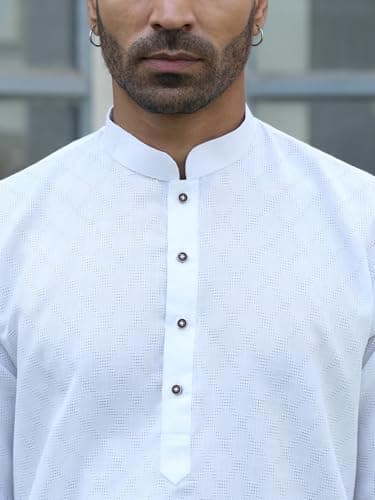 KRAFT INDIA Men's Cotton Kurta Pyjama Set | Woven Design Traditional Ethnic Wear | Festive, Wedding & Casual Outfit | Comfortable & Breathable Fabric (White, X-Large) 4