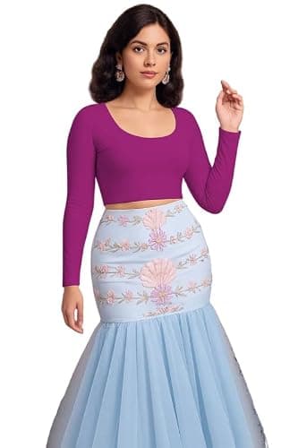 JOVO Readymade Fitted Saree Blouse for Women Full Sleeve Square Round U Neck Regular fit Stretchable Pullon Western Stylish Crop Top NJ1 1059 XL DPK Dark Pink
