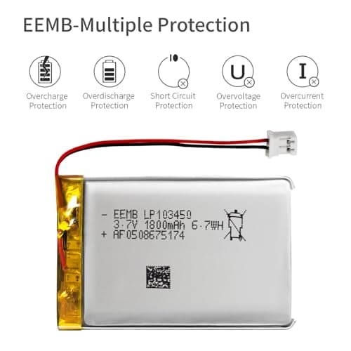 EEMB Lithium Polymer Battery 3.7V 1800mAh 103450 Lipo Rechargeable Battery Pack with 2 Wires JST 2.0mm Connector for Speaker and Wireless Device- Confirm Device & Connector Polarity Before Purchase 5