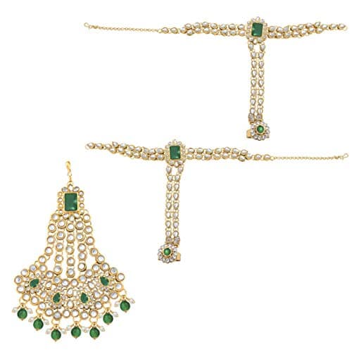 I Jewels Green Gold-plated Traditional Ethnic Indian Kundan Bridal Long and Short Necklace, Earrings, Hath Panja, Matha Patti, Nose Pin and Paso Set for Women 5