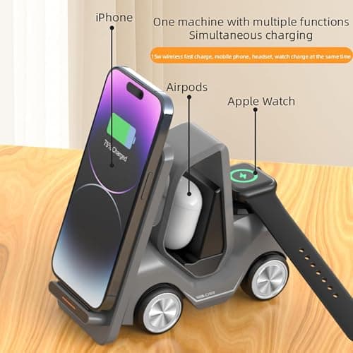 Auslese T20S 3 in 1 Fast Wireless Charging Station 15W Forklift Design Charging Dock for iPhone Samsung Galaxy Smartwatch and Earbuds Desktop Bedside Stand USB Type C 2