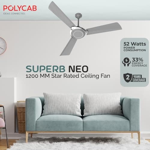 Polycab Superb Neo Star Rated, 1200mm Ceiling Fan For Home | High Speed & Air Delivery | Saves Up To 33% Electricity, 100% Copper, Rust-Proof Blades, 52 Watt, 2 years warranty【Cool Grey Silver】 2
