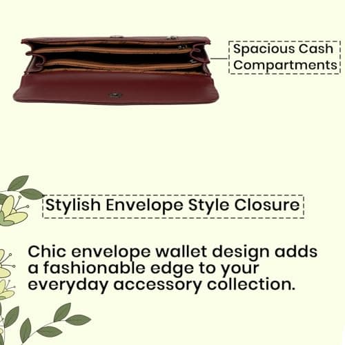 Rich Born Vegan PU Leather Dual Line Flap Wallet for Women | Ladies Tri-Fold Clutch Purse with Zip Coin Pocket, Card Holder, Cash Compartment | Stylish Long Travel Wallet for Girls (Maroon) 5