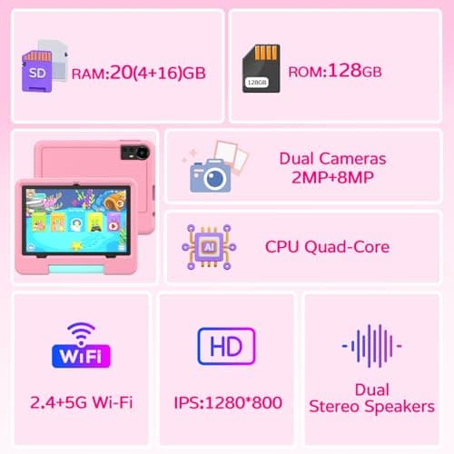 IWEGGO Android 15 Kids Tablet with EVA Case, 10 Inch Tablet for Kids, 20GB RAM+128GB ROM/MAX 2TB, 1280 * 800 IPS HD Eye-Care Touchscreen, 2.0GHz Quad Core Toddler Tablets, 5G WiFi6, Widevine 4