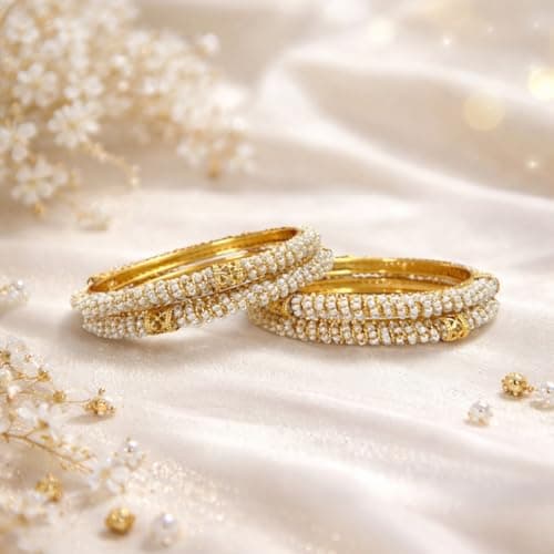 ACCESSHER Traditional Gold Plated Bangles With Beaded White Faux Pearl For Women and Girl (Set of 4) (2.6) 3